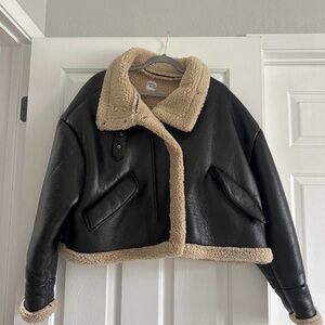 Princess Polly Women's Black and Cream Shearling Jacket